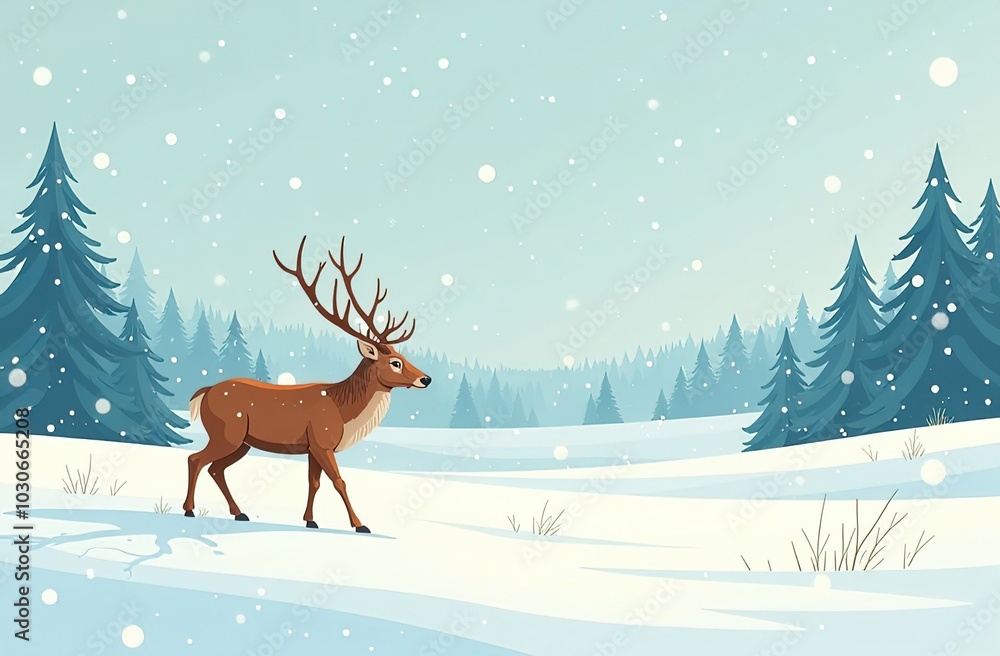 Drawing of a deer in a winter forest in a snowfall, generative AI Drawing of a deer in a winter forest in a snowfall, generative AI