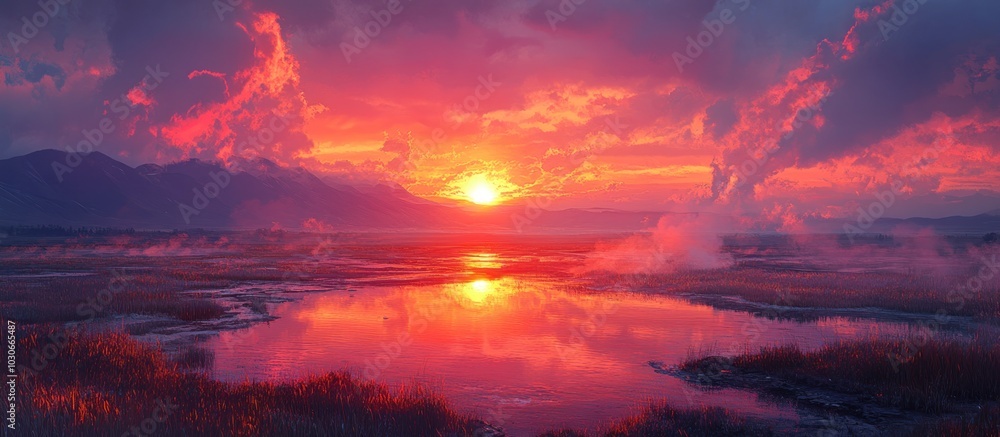 A serene landscape with a lake reflecting a vibrant sunset and steam rising from the water. The mountains in the background are silhouetted against the fiery sky, creating a dramatic A serene landscape with a lake reflecting a vibrant sunset and steam rising from the water. The mountains in the background are silhouetted against the fiery sky, creating a dramatic