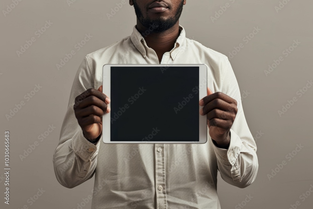 App demo indian man in his 40s holding a tablet with a completely black screen