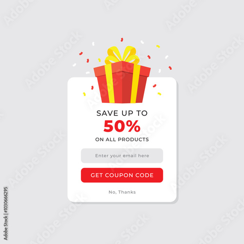 Coupon pop up message with discount and CTA set of coupons, coupon codes, gift box unbox modern coupon with discount values, vouchers 10%, 20%, 25%, 30%, 40%, 50%, 60%, 70%, 80%