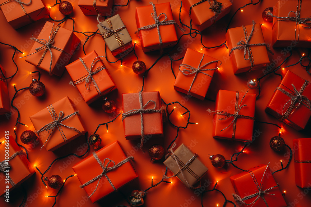 A bunch of orange boxes with strings tied to them A bunch of orange boxes with strings tied to them