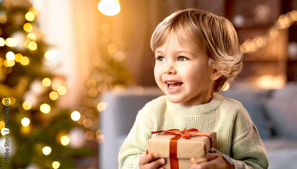 Kleinkind mit Geschenk unter dem Weihnachtsbaum Kleinkind mit Geschenk unter dem Weihnachtsbaum