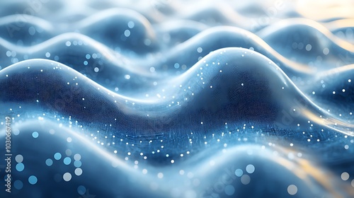 Abstract blue wave background with white glowing particles.