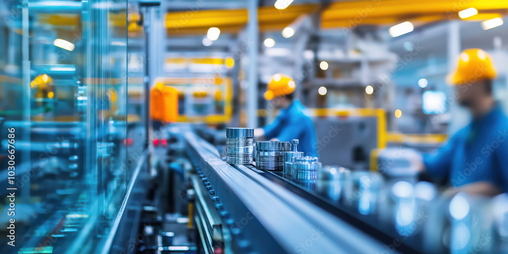 Industrial factory with workers overseeing automated assembly line and stacked metal parts Industrial factory with workers overseeing automated assembly line and stacked metal parts
