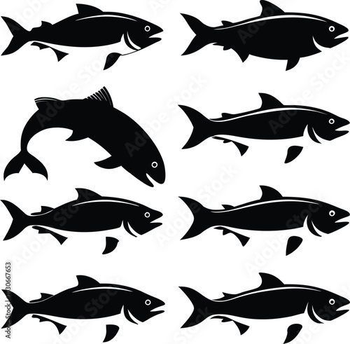 Black Silhouette Fish Icons Set, Vector Illustrations of Salmon, Trout, Aquatic Animals, Graphic Design Elements