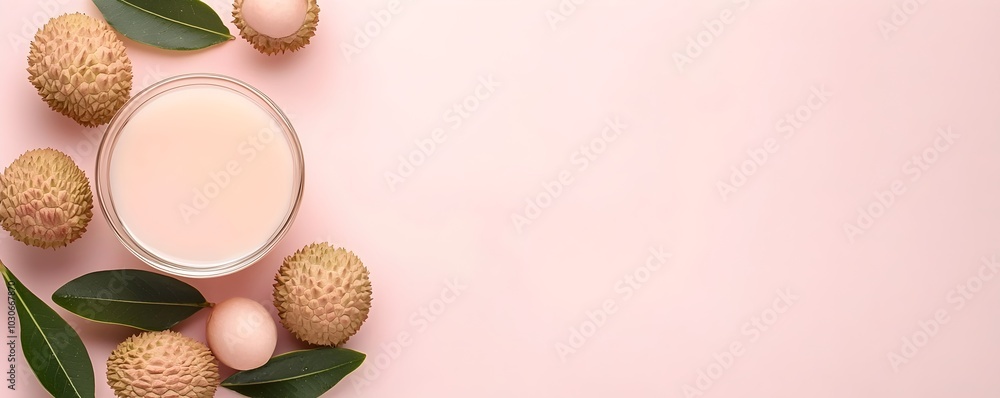 Exotic Lychees and Refreshing Juice on Pastel Pink - Delicate Diagonal Arrangement for Vibrant Food Photography Exotic Lychees and Refreshing Juice on Pastel Pink - Delicate Diagonal Arrangement for Vibrant Food Photography