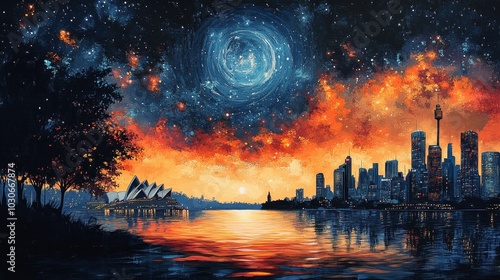 Vibrant cityscape of Sydney Harbour featuring a stunning view with deep space in the background, showcasing colorful spraypaint art that captures the dynamic essence of urban life and creativity. 