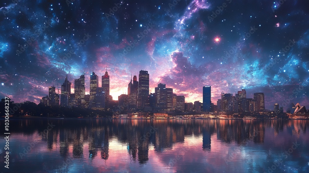 Obraz premium Vibrant cityscape of Sydney Harbour featuring a stunning view with deep space in the background, showcasing colorful spraypaint art that captures the dynamic essence of urban life and creativity.