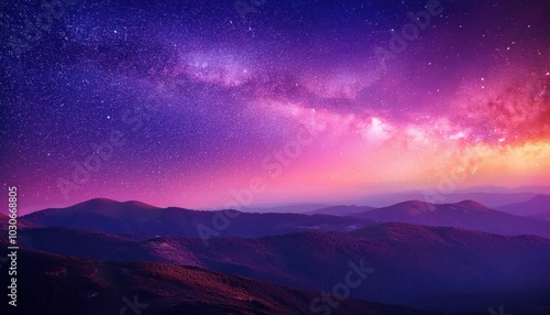 Stunning Milky Way Panorama Over Mountain Silhouettes at Twilight with Hues of Purple and Pink. Dreamy Night Sky Scene for Cosmos Themed Artwork, Science Concepts, or Serene Landscape Projects