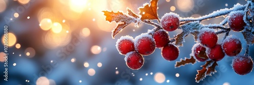 Snowy branch of tree with ice on blue sky. Christmas or New Year concept.