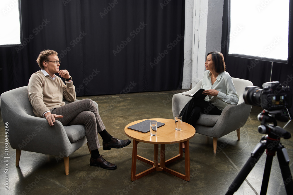 A middle-aged female journalist conducts an insightful interview with a specialist in a professional setting. A middle-aged female journalist conducts an insightful interview with a specialist in a professional setting.