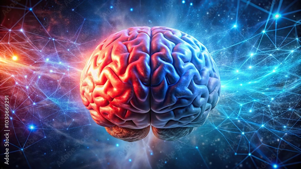 Illustration of brain with red and blue colors on space background, showcasing left and right brain functions Illustration of brain with red and blue colors on space background, showcasing left and right brain functions