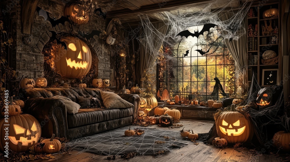 Fototapeta premium Halloween-themed living room with jack-o'-lanterns, spooky cobwebs, and black bats flying across the ceiling. Spider decorations add to the eerie yet fun atmosphere.