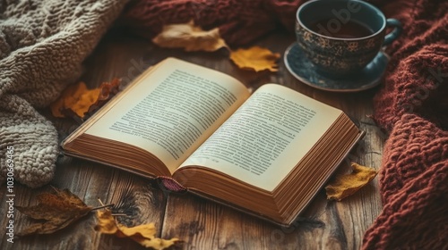 An open book, a cup of tea, and fall leaves on a wooden table.