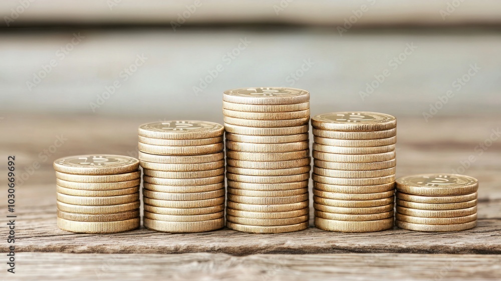 A collection of golden coins stacked in ascending order on a wooden surface, symbolizing wealth and financial growth. A collection of golden coins stacked in ascending order on a wooden surface, symbolizing wealth and financial growth.