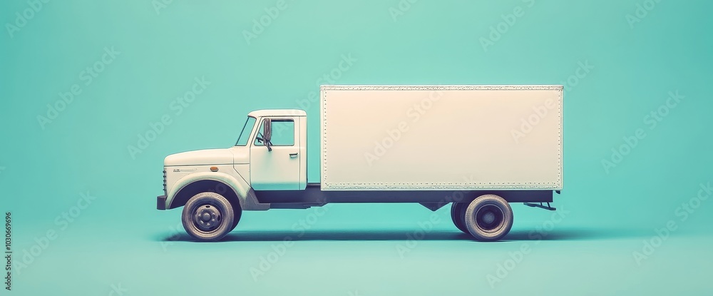 An American white delivery truck is seen from the side of a white background. An American white delivery truck is seen from the side of a white background.