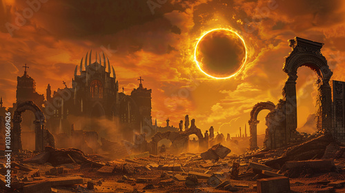 Apocalyptic Landscape Under a Dramatic Solar Eclipse. A surreal scene showcasing ruins beneath a striking solar eclipse, with ominous orange tones illuminating a forsaken world.