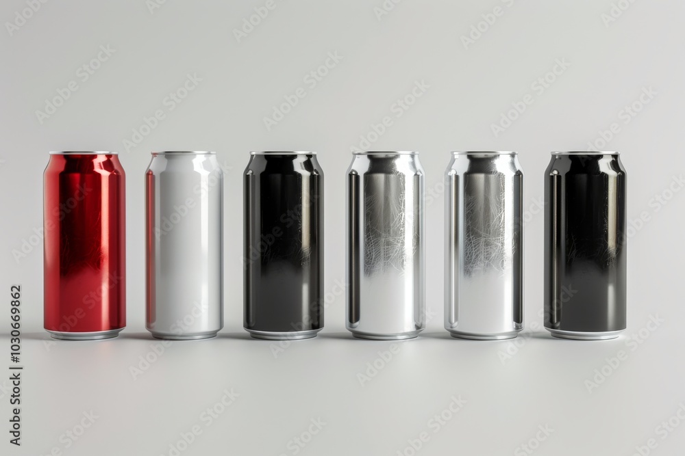 3D render of aluminum slim cans in silver, white, black, and red, on an isolated white background, showcasing a beer can mockup template 3D render of aluminum slim cans in silver, white, black, and red, on an isolated white background, showcasing a beer can mockup template