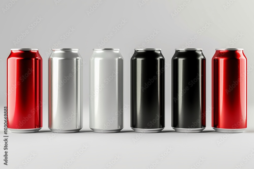3D render of aluminum slim cans in silver, white, black, and red, on an isolated white background, showcasing a beer can mockup template 3D render of aluminum slim cans in silver, white, black, and red, on an isolated white background, showcasing a beer can mockup template