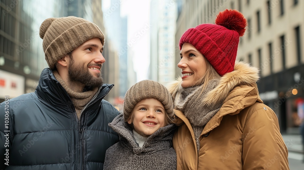 Obraz premium Family Enjoying Winter in Cozy Hats and Jackets