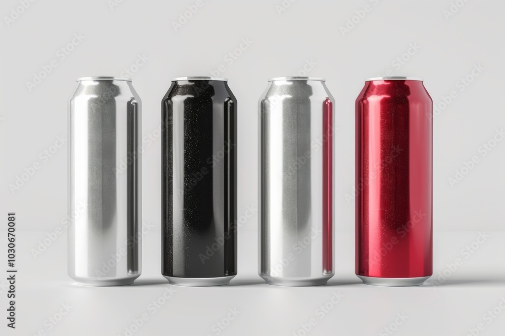 3D render of aluminum slim cans in silver, white, black, and red, on an isolated white background, showcasing a beer can mockup template 3D render of aluminum slim cans in silver, white, black, and red, on an isolated white background, showcasing a beer can mockup template