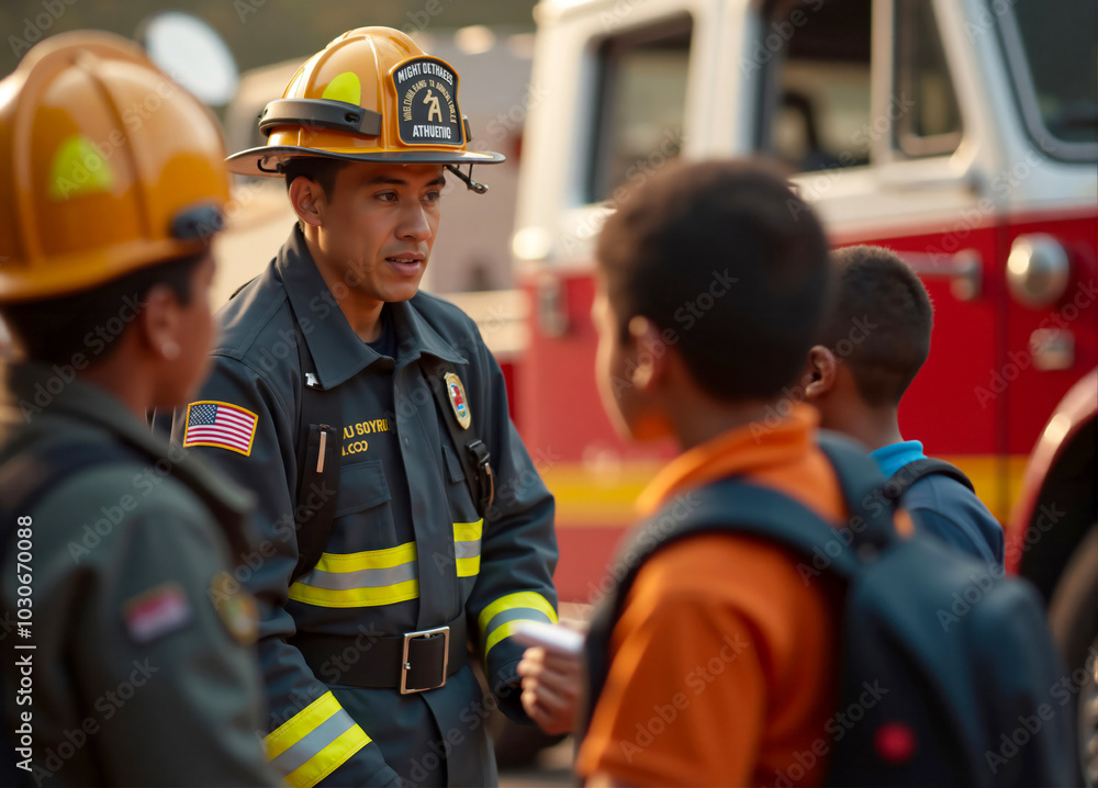 Firefighter explaining his job to kids during school visit Firefighter explaining his job to kids during school visit