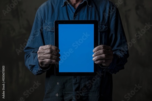 App preview man in his 50s holding a tablet with a completely blue screen