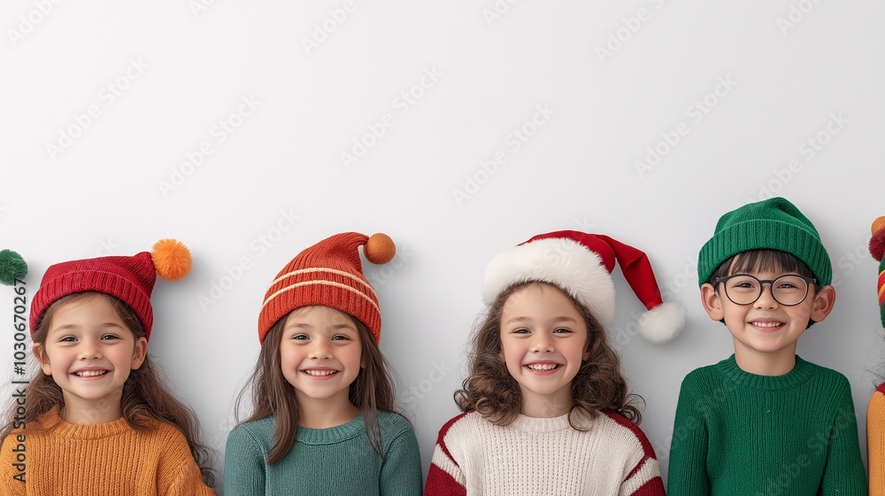 Festive Children Smiling in Colorful Holiday Hats Festive Children Smiling in Colorful Holiday Hats