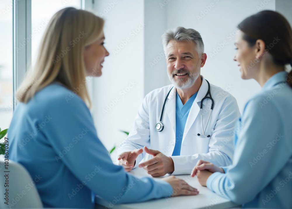Mature doctor smiling while talking to two female patients during medical consultation in office Mature doctor smiling while talking to two female patients during medical consultation in office