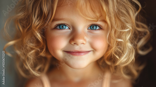 joyful girl with curly blonde hair and bright blue eyes smiles warmly, radiating happiness and innocence