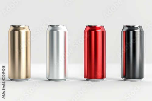 3D render of aluminum slim cans in silver, white, black, and red, on an isolated white background, showcasing a beer can mockup template photo