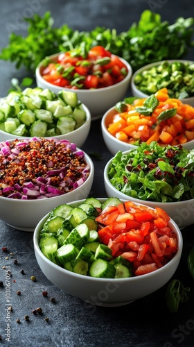 A variety of fresh salads in bowls, showcasing vibrant ingredients.