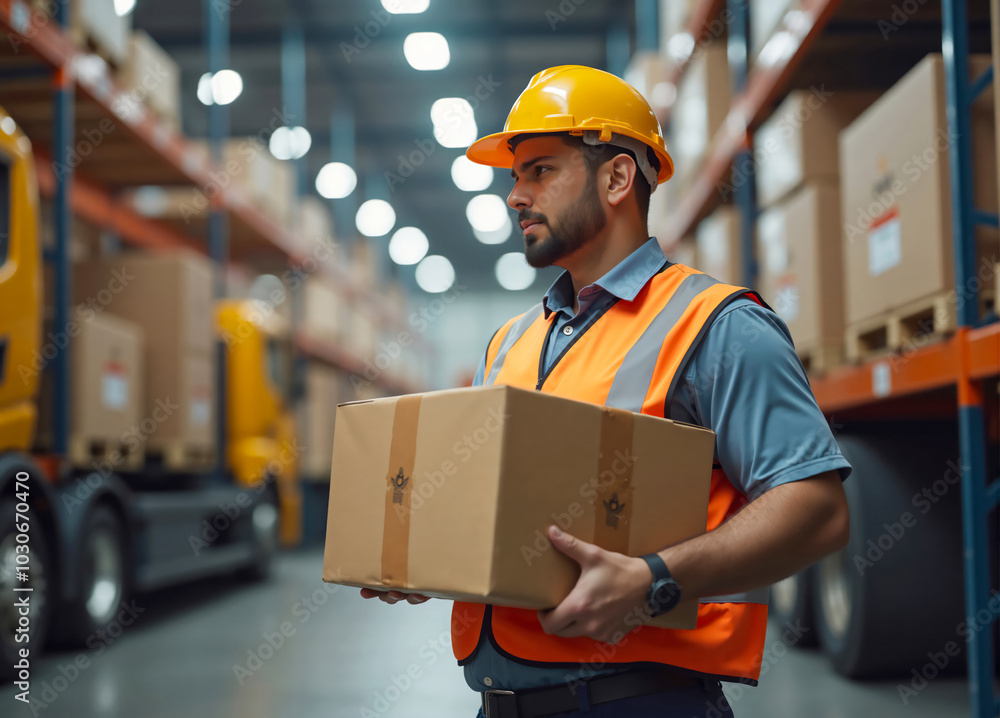Warehouse worker holding cardboard box looking away in busy warehouse Warehouse worker holding cardboard box looking away in busy warehouse