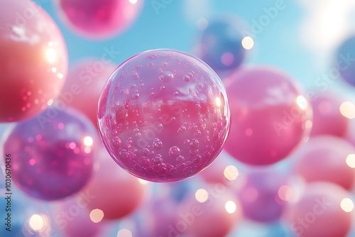 Abstract background with pink and blue gradient and glass bubbles