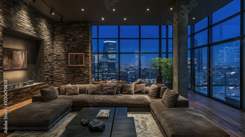 Luxurious living room in a penthouse loft with dark stone walls, a plush sectional sofa, and soft ambient lighting. Large windows offer a stunning city backdrop.