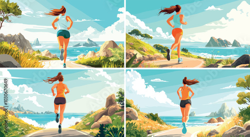 Running girl cartoon vector scenes. Woman jogging female marathon back view sport character workout sea ocean road coast shore mountains landscape isolated illustrations