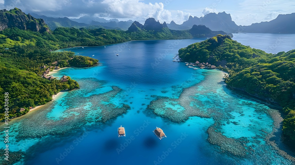 Aerial view of a tropical lagoon with vibrant blue waters. Aerial view of a tropical lagoon with vibrant blue waters.