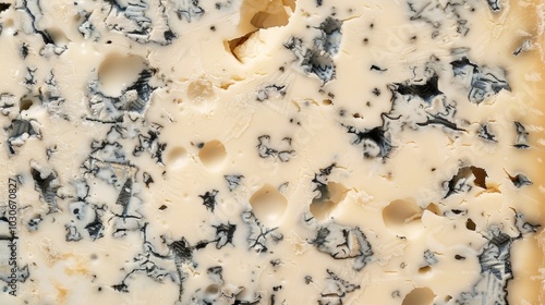 A block of sharp crumbly cheese with a marbled pattern of blue s running through it revealing its aged quality. photo