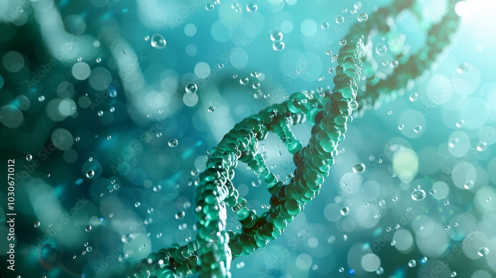 Beautiful spiral of green DNA double helix with light bokeh and bubbles, elegantly floating on a blue backdrop Beautiful spiral of green DNA double helix with light bokeh and bubbles, elegantly floating on a blue backdrop