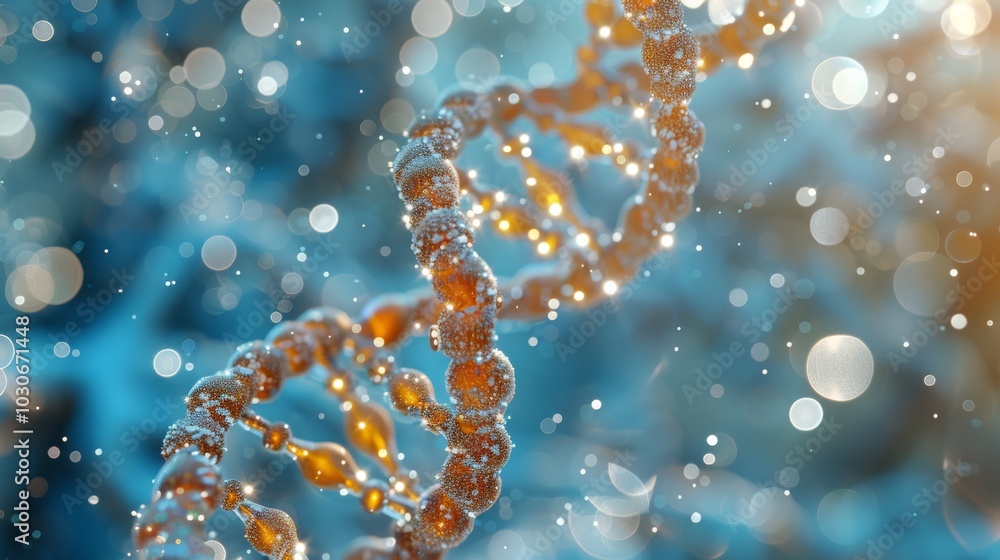 Beautiful spiral of orange DNA double helix with light bokeh and bubbles, elegantly floating on a blue backdrop Beautiful spiral of orange DNA double helix with light bokeh and bubbles, elegantly floating on a blue backdrop