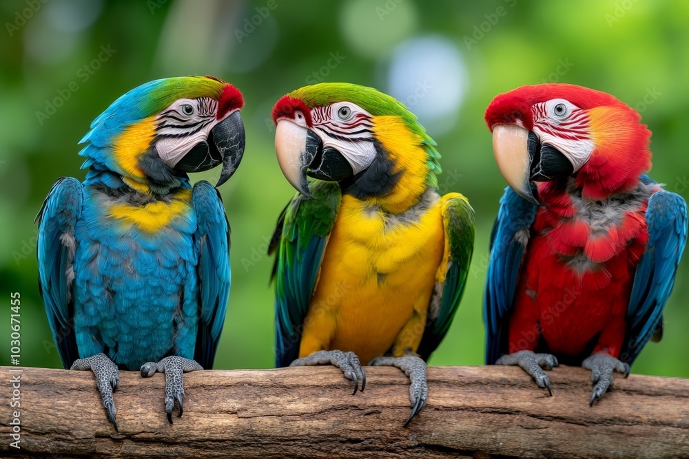 Colorful macaw family, preening each other on a tree branch Colorful macaw family, preening each other on a tree branch