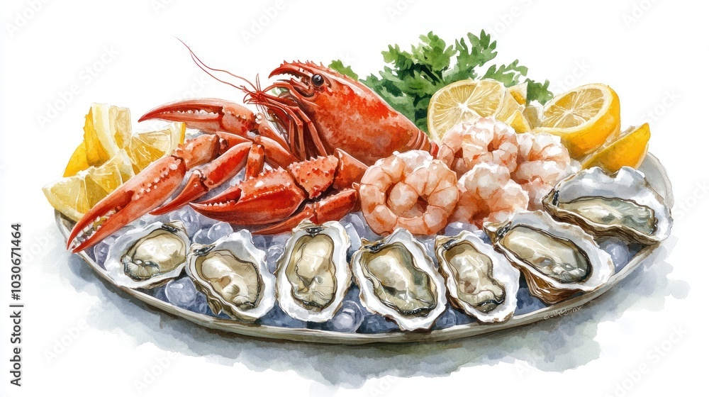 A platter of fresh seafood including lobster, shrimp, oysters and lemon wedges on ice. A platter of fresh seafood including lobster, shrimp, oysters and lemon wedges on ice.