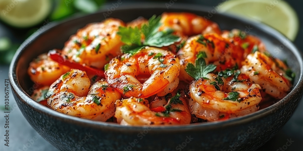 Close-up of a bowl of cooked shrimp with parsley and chili peppers. Close-up of a bowl of cooked shrimp with parsley and chili peppers.