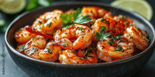 Close-up of a bowl of cooked shrimp with parsley and chili peppers.