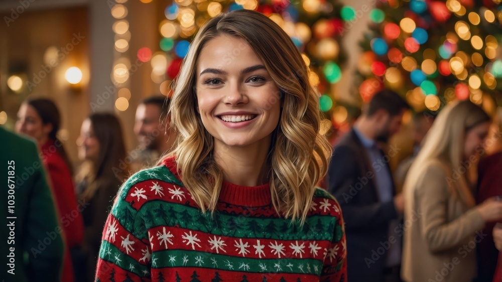 A woman in a Christmas sweater is smiling A woman in a Christmas sweater is smiling