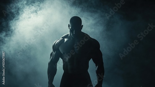 A bodybuilder shows off his muscles with a silhouette of a little light behind him in a minimalist empty area, there is a smoke effect that adds to the cool masculinity
