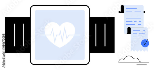 Smartwatch displaying a heart rate symbol, a medical report with a checkmark, and a cloud. Ideal for health tracking, medical technology, fitness, data monitoring, and smart devices. Simplistic