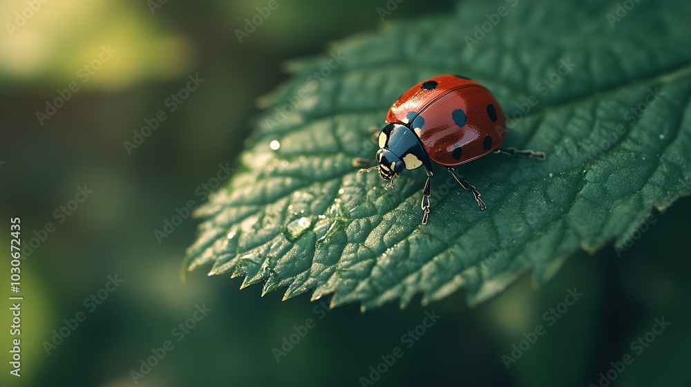 Fototapeta premium A detailed view of a ladybug on a leaf