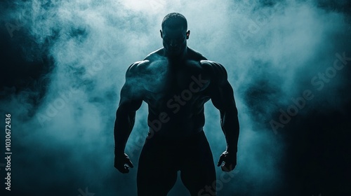A bodybuilder shows off his muscles with a silhouette of a little light behind him in a minimalist empty area, there is a smoke effect that adds to the cool masculinity