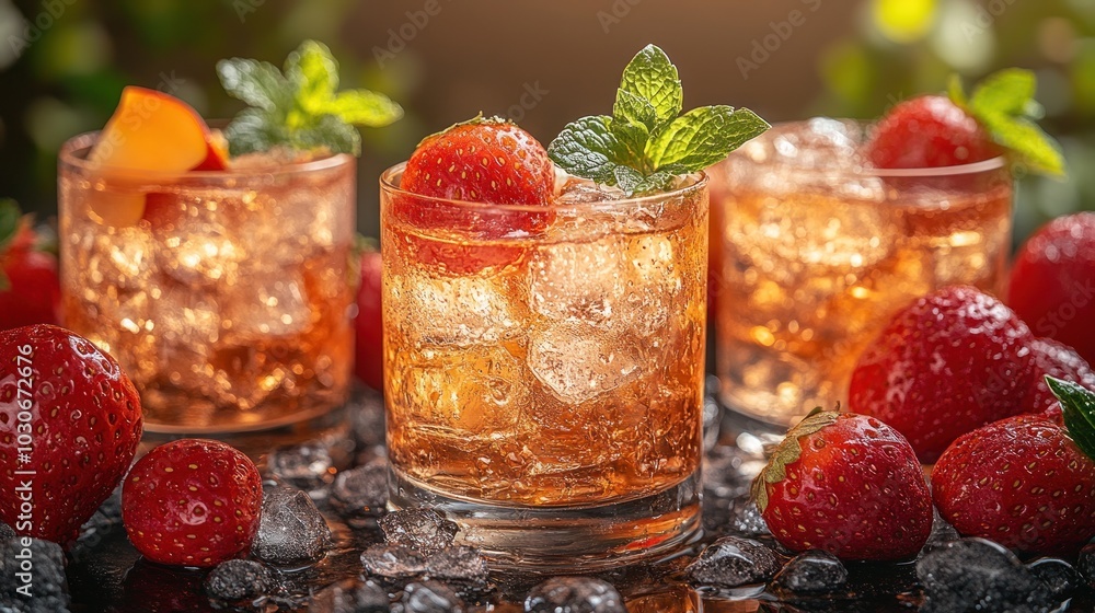 Refreshing cocktails with strawberries and mint on a textured surface. Refreshing cocktails with strawberries and mint on a textured surface.
